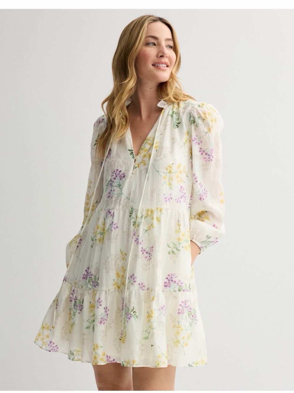 Taylor Cream Floral Mini Dress with Yellow & Lavender Blossoms